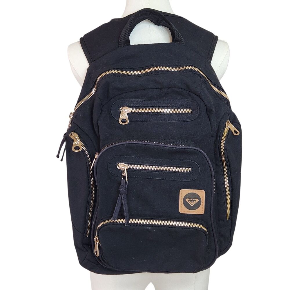 Roxy Black Canvas Backpack Gold Zippers Travel School Bookbag Faux Leather Patch